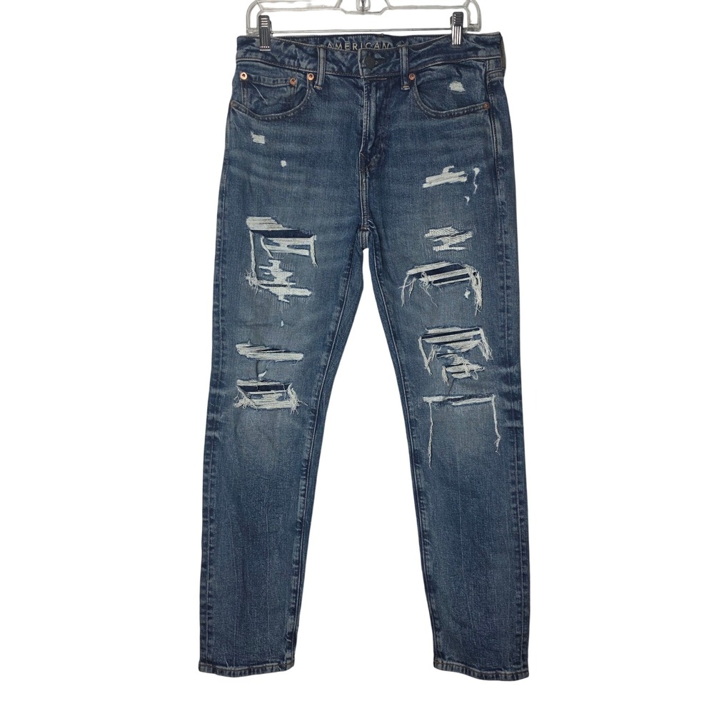 American Eagle Athletic Fit Airflex+ Distressed Ripped Tapered Jeans 29x30 Blue
